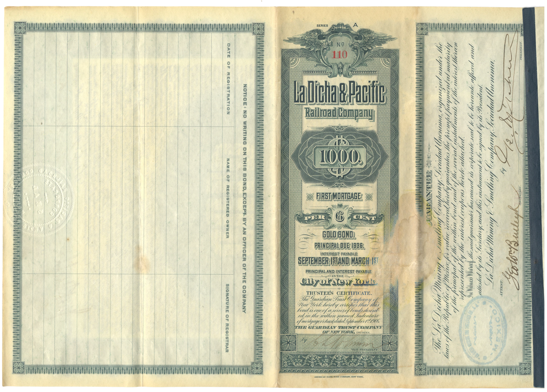 La Dicha & Pacific Railroad Company Bond Certificate