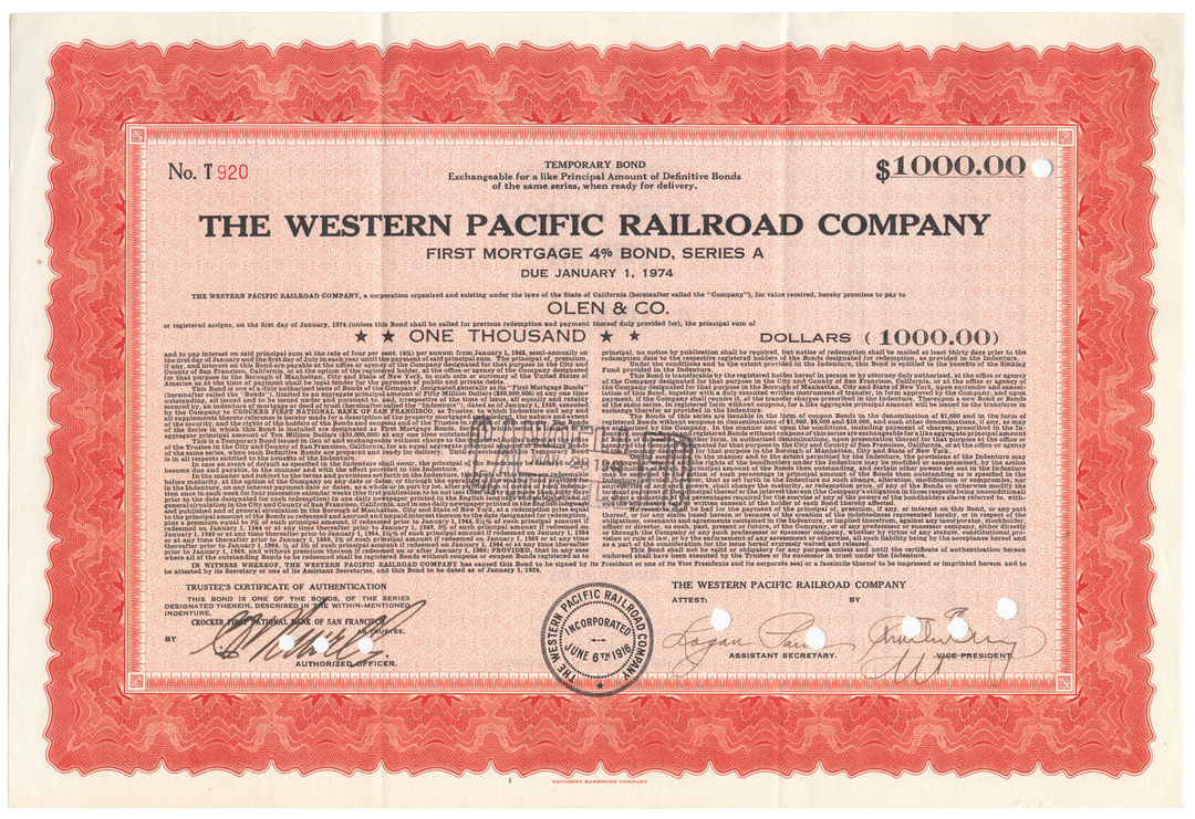 Western Pacific Railroad Company Bond Certificate