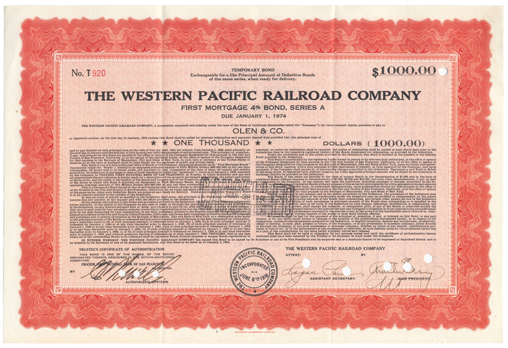 Western Pacific Railroad Company Bond Certificate