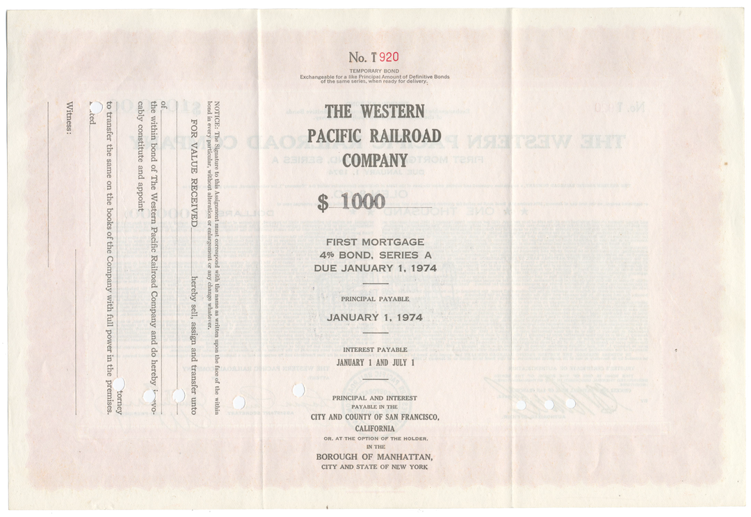 Western Pacific Railroad Company Bond Certificate