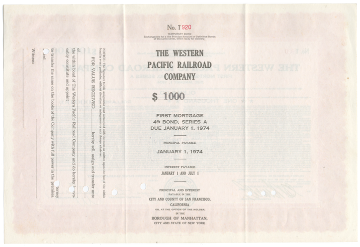 Western Pacific Railroad Company Bond Certificate