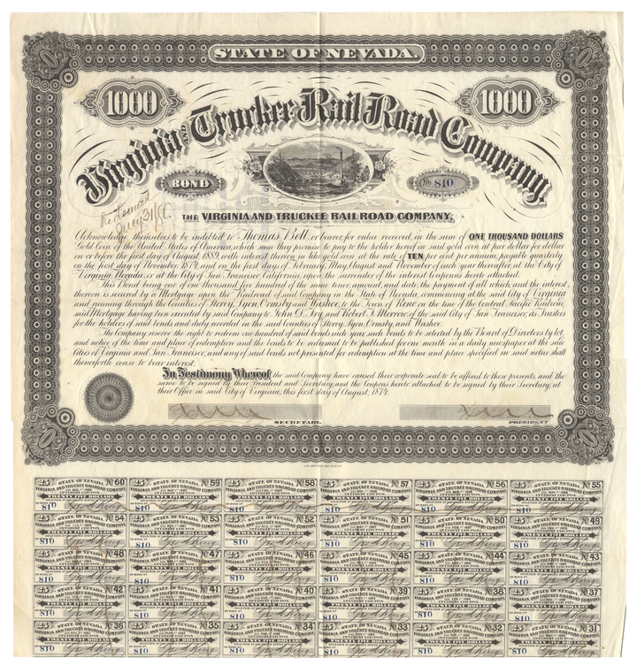 Virginia and Truckee Rail Road Company Bond Certificate Signed by William Sharon