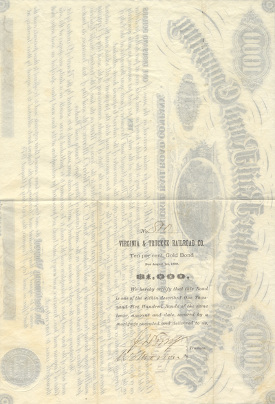 Virginia and Truckee Rail Road Company Bond Certificate Signed by William Sharon