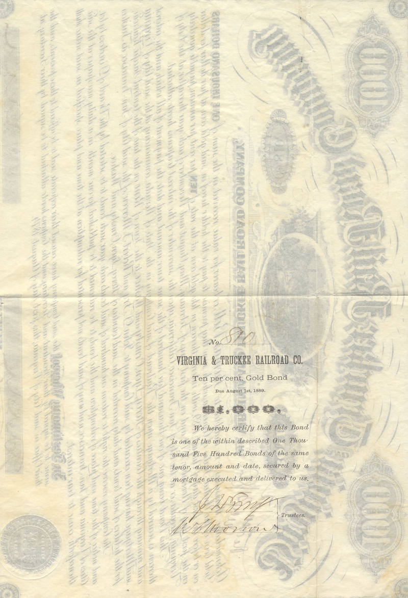 Virginia and Truckee Rail Road Company Bond Certificate Signed by William Sharon