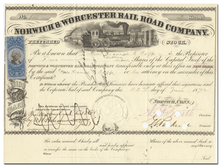 Norwich & Worcester Rail Road Company Stock Certificate