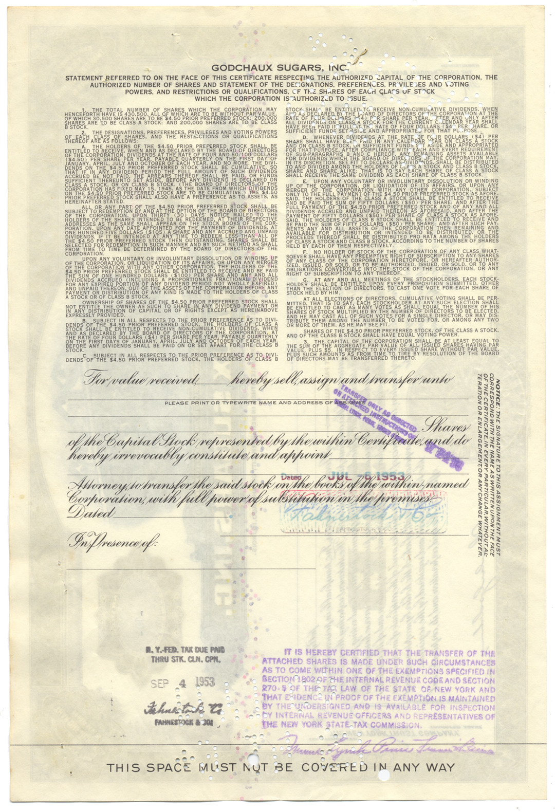 Godchaux Sugars, Inc. Stock Certificate