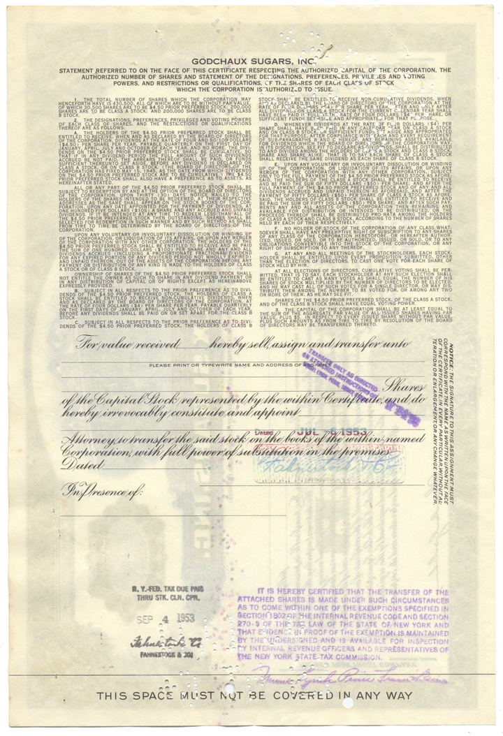 Godchaux Sugars, Inc. Stock Certificate