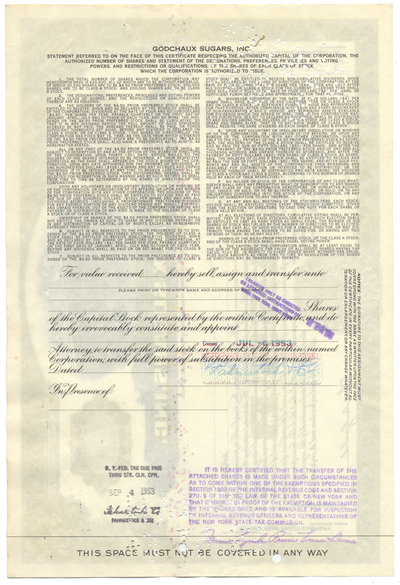 Godchaux Sugars, Inc. Stock Certificate