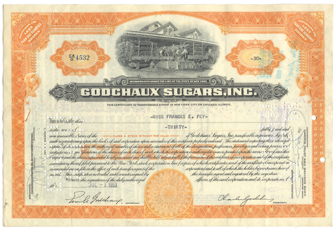 Godchaux Sugars, Inc. Stock Certificate