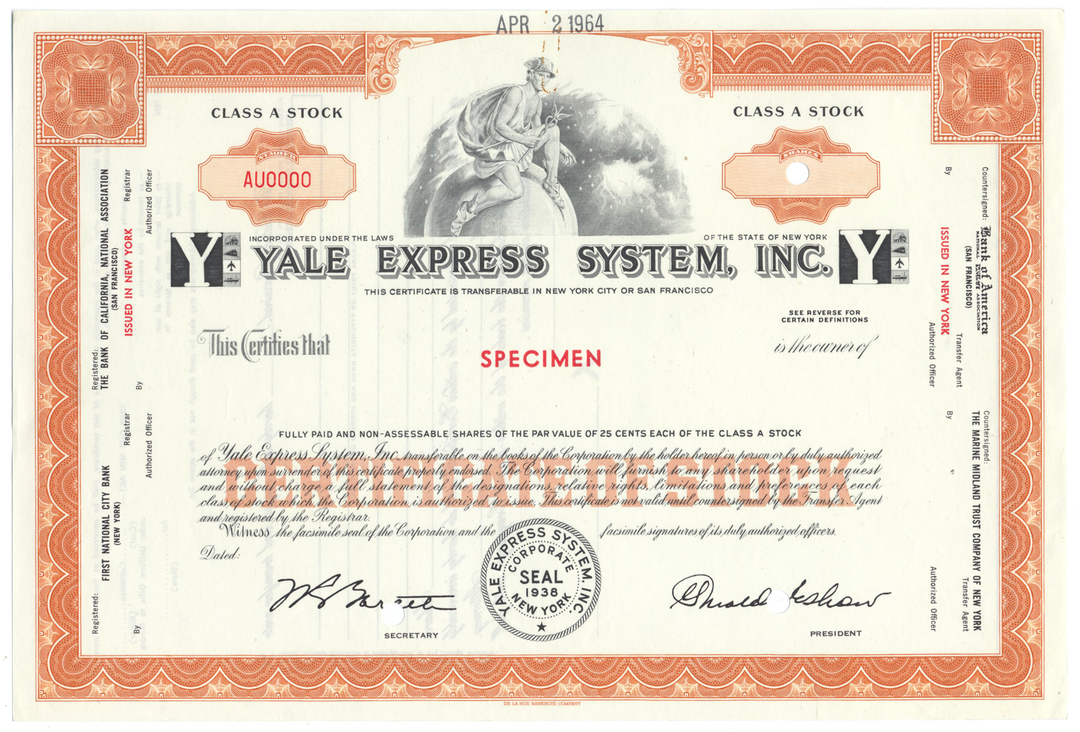 Yale Express System, Inc. Specimen Stock Certificate