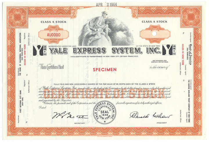 Yale Express System, Inc. Specimen Stock Certificate