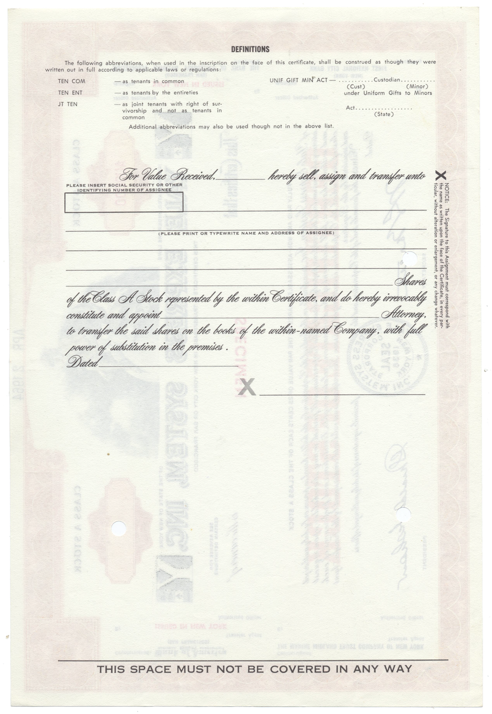 Yale Express System, Inc. Specimen Stock Certificate