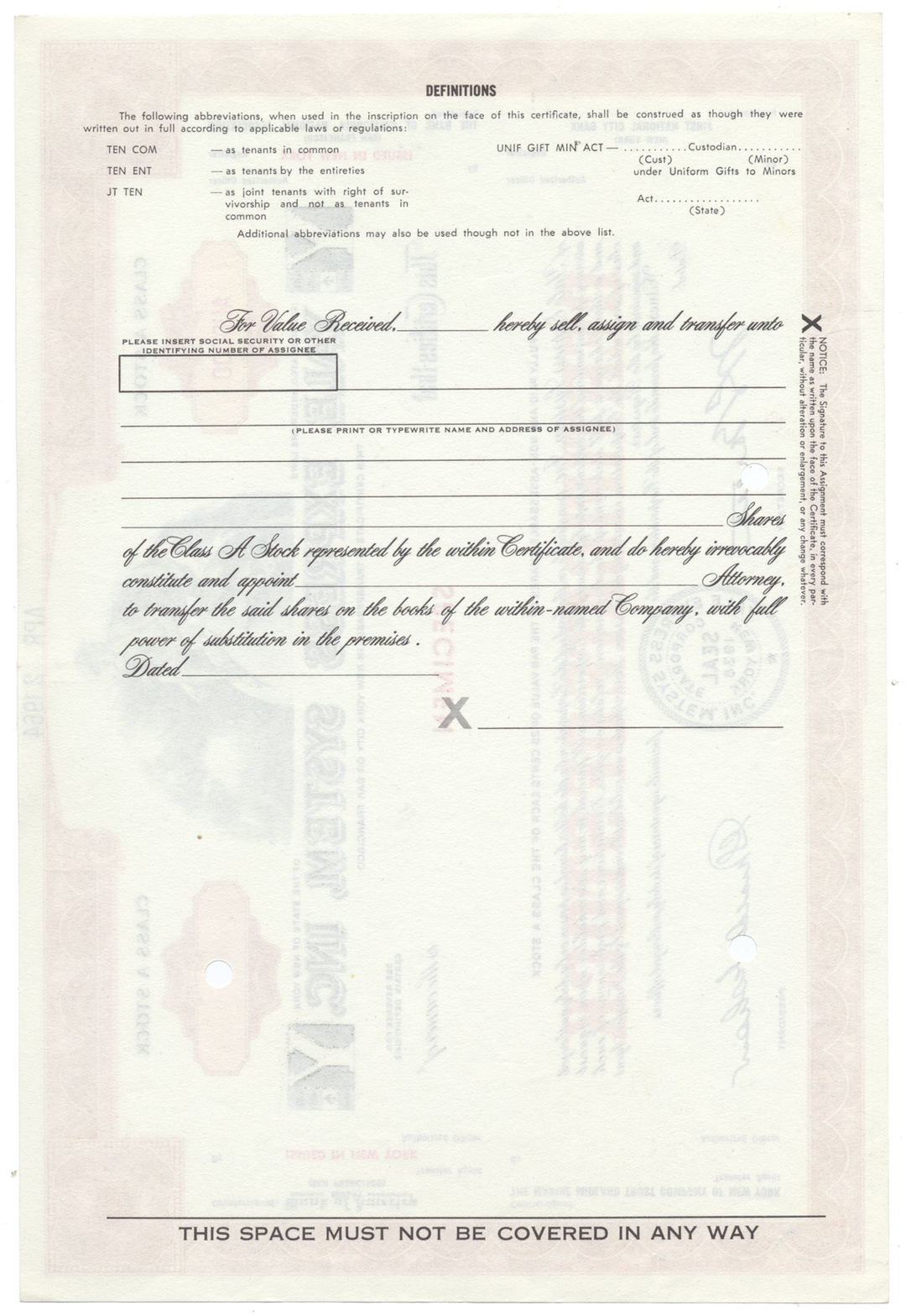 Yale Express System, Inc. Specimen Stock Certificate