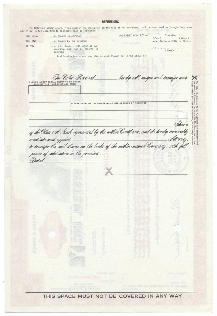 Yale Express System, Inc. Specimen Stock Certificate