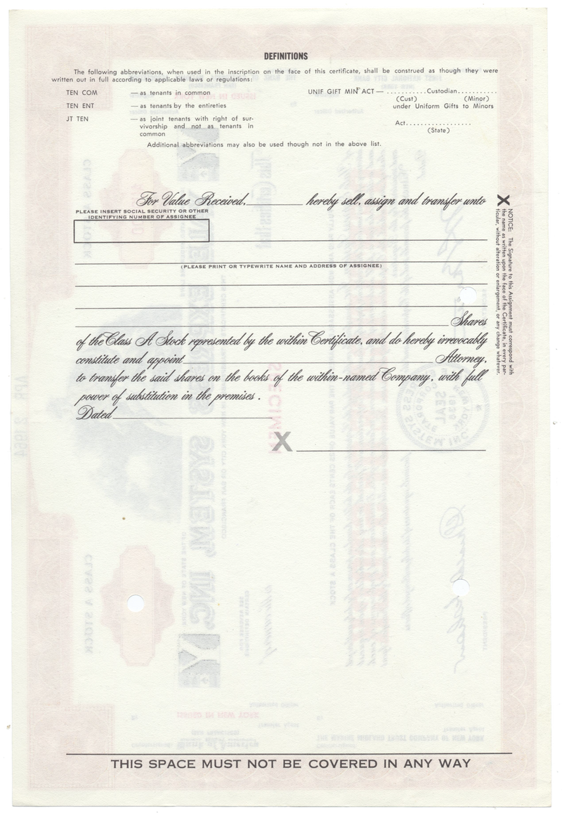 Yale Express System, Inc. Specimen Stock Certificate
