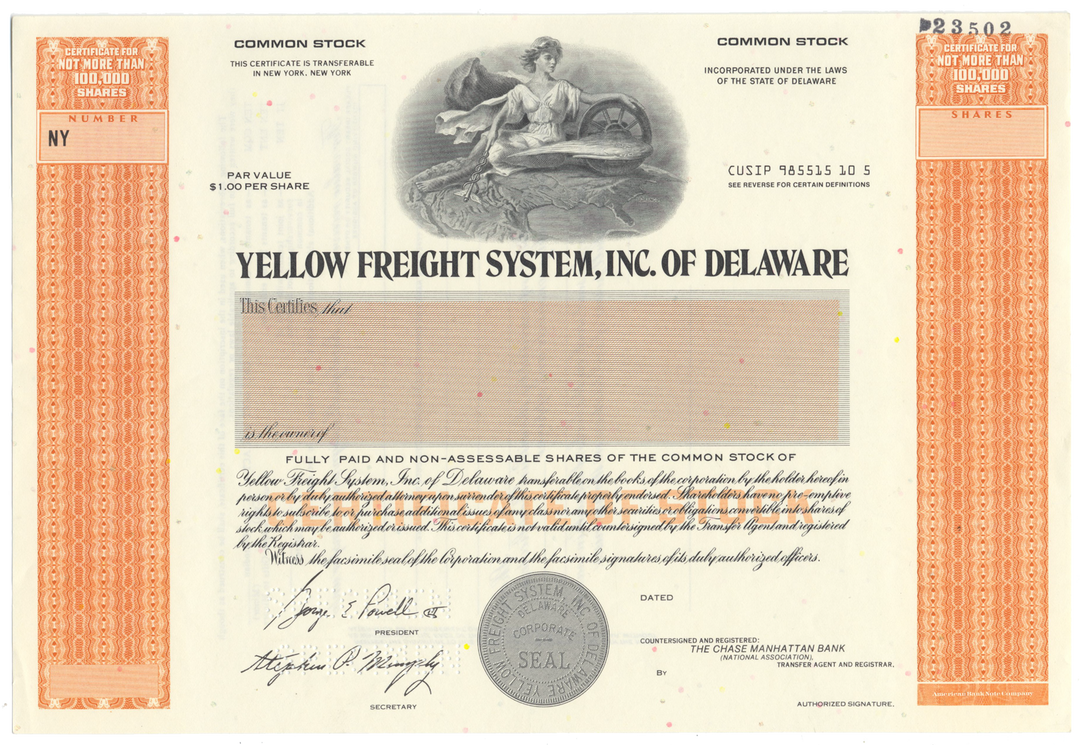 Yellow Freight System, Inc. of Delaware Specimen Stock Certificate