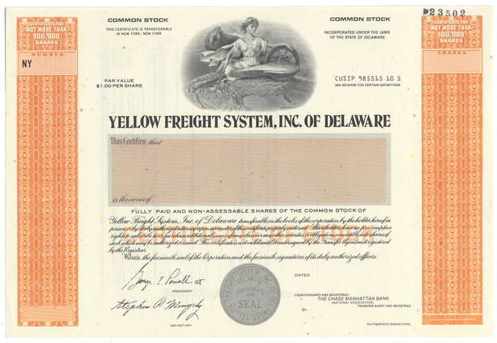 Yellow Freight System, Inc. of Delaware Specimen Stock Certificate