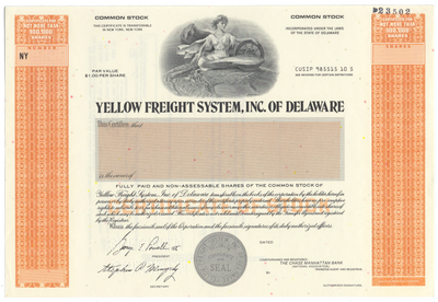 Yellow Freight System, Inc. of Delaware Specimen Stock Certificate