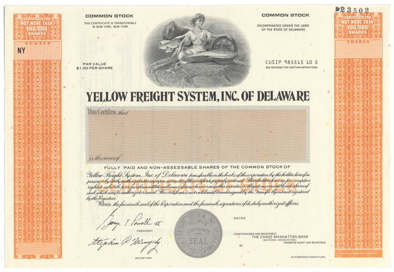Yellow Freight System, Inc. of Delaware Specimen Stock Certificate