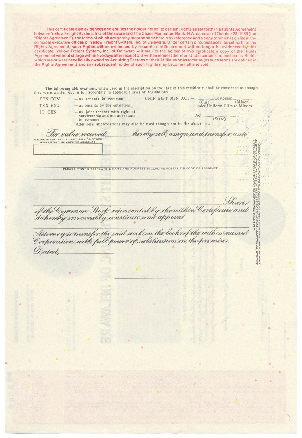 Yellow Freight System, Inc. of Delaware Specimen Stock Certificate