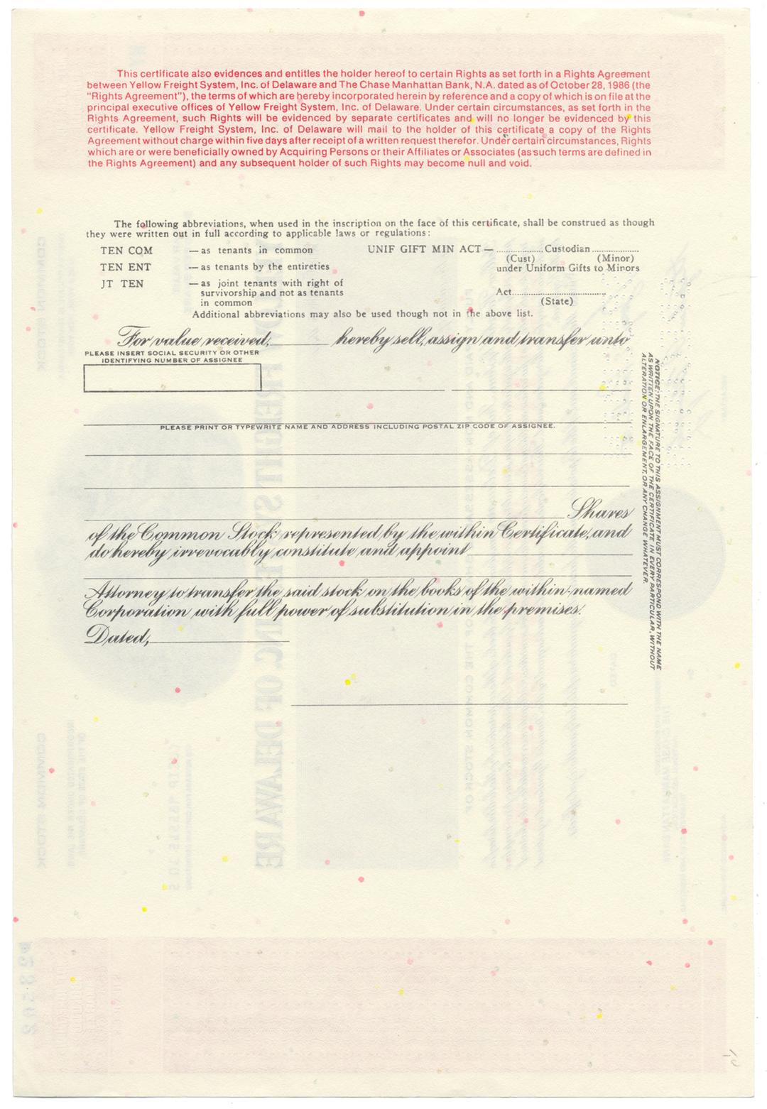 Yellow Freight System, Inc. of Delaware Specimen Stock Certificate