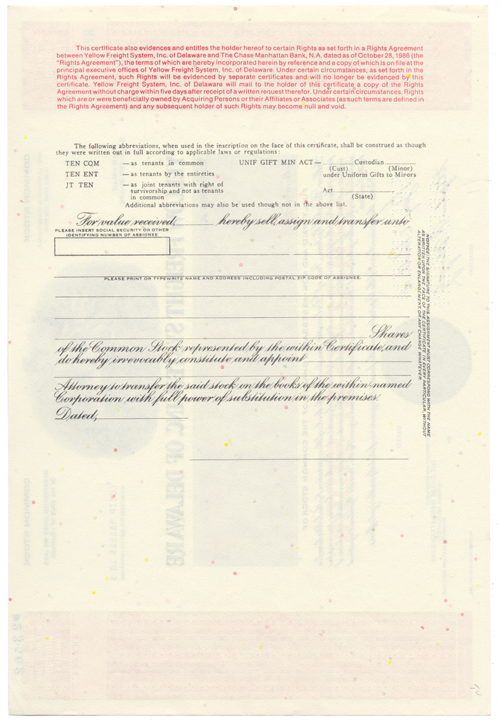 Yellow Freight System, Inc. of Delaware Specimen Stock Certificate