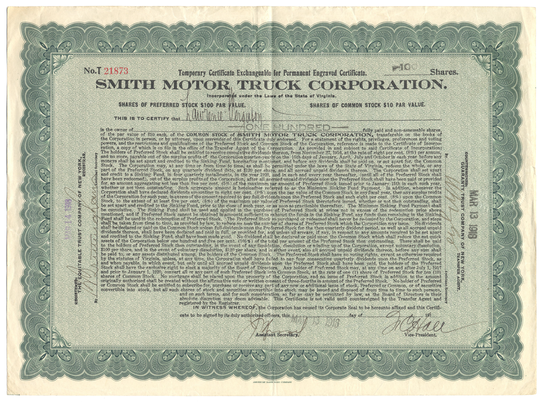 Smith Motor Truck Corporation Stock Certificate