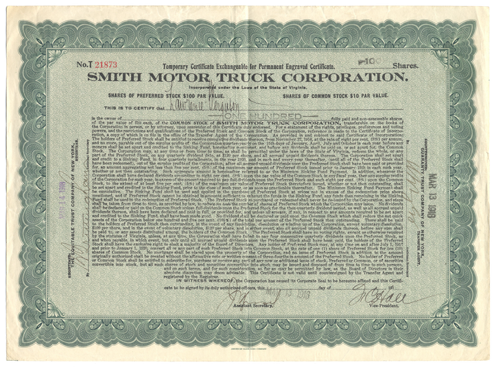 Smith Motor Truck Corporation Stock Certificate