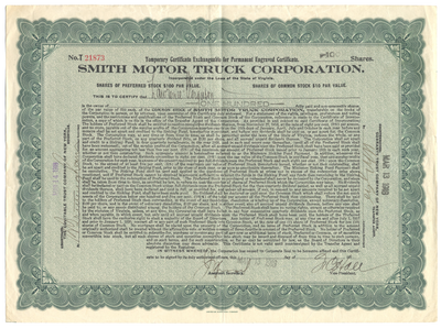 Smith Motor Truck Corporation Stock Certificate