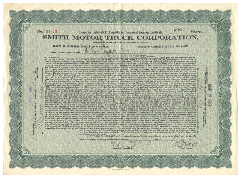 Smith Motor Truck Corporation Stock Certificate