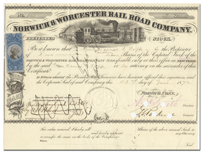 Norwich & Worcester Rail Road Company Stock Certificate