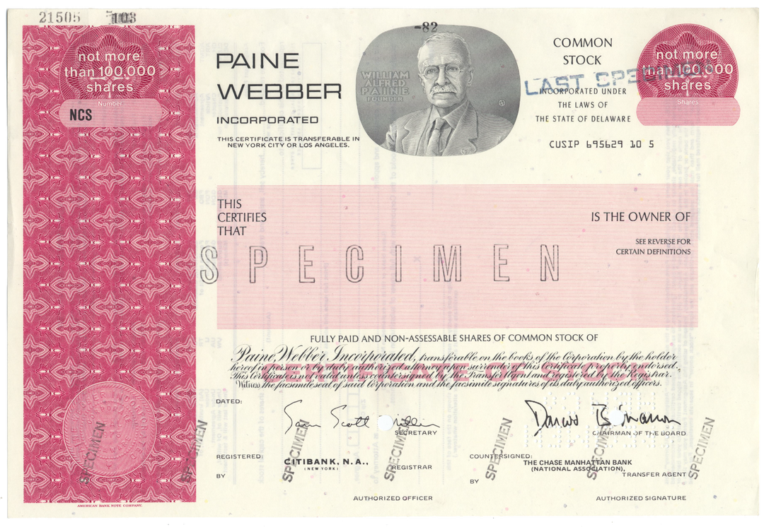 Paine, Webber Incorporated Specimen Stock Certificate