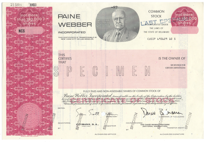 Paine, Webber Incorporated Specimen Stock Certificate