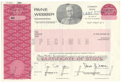 Paine, Webber Incorporated Specimen Stock Certificate