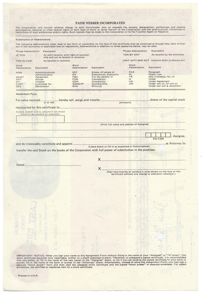 Paine, Webber Incorporated Specimen Stock Certificate
