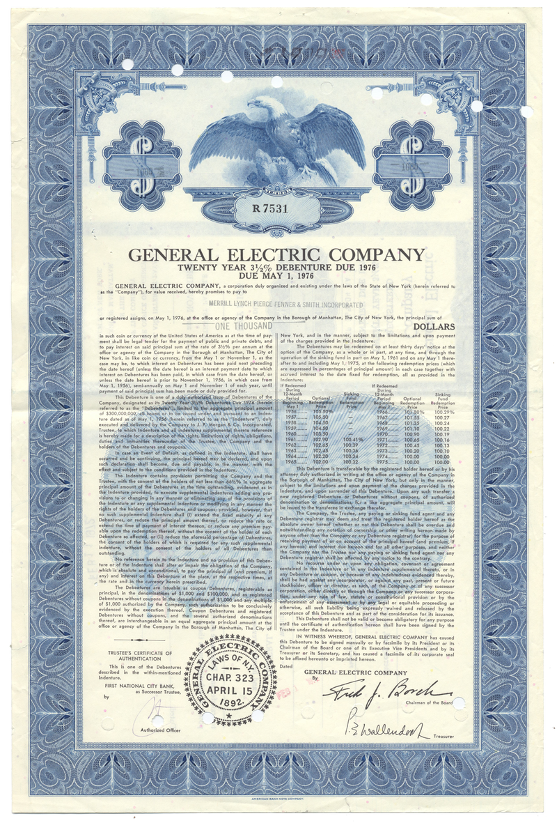 General Electric Company Bond Certificate