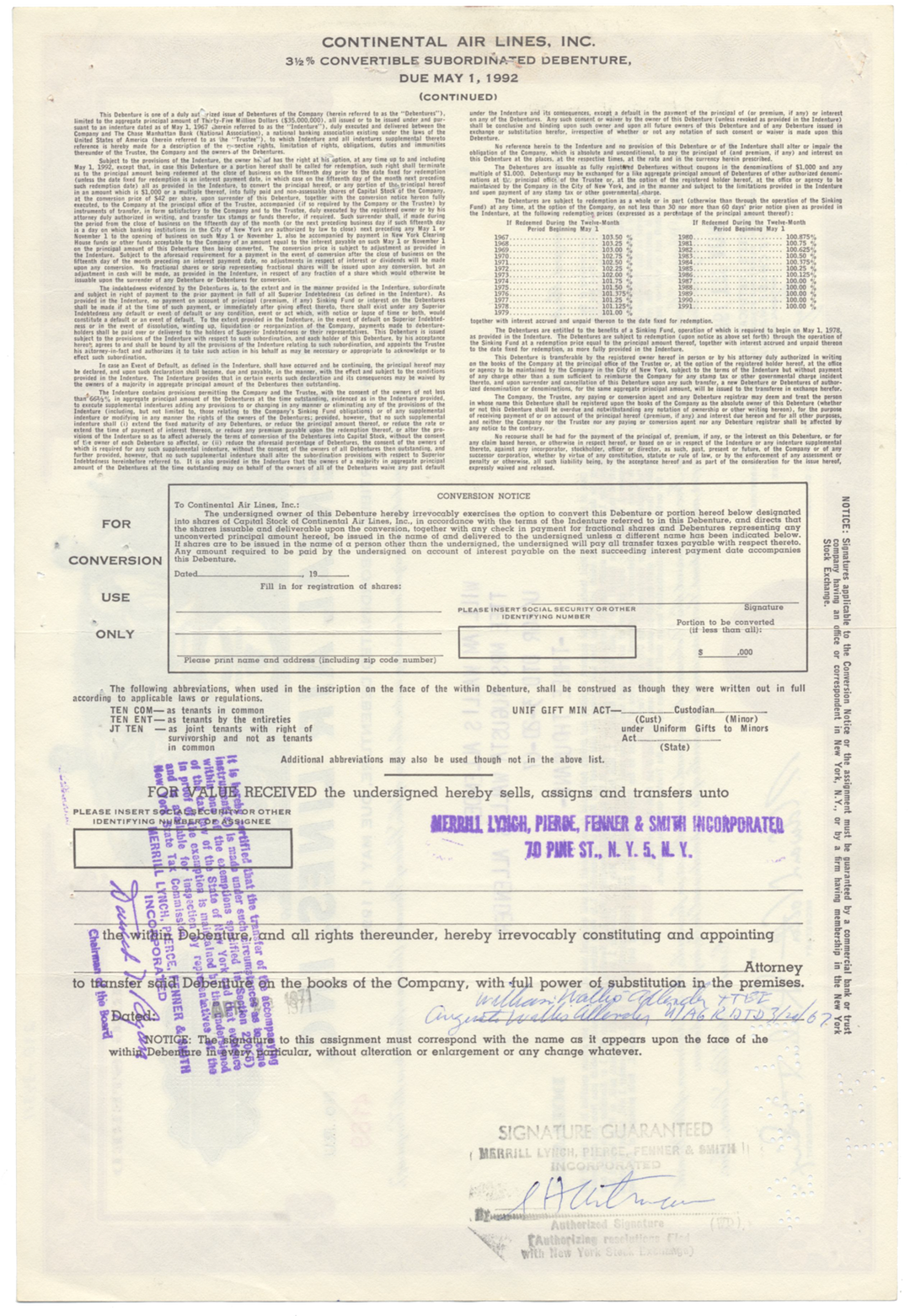 Continental Air Lines, Inc. Bond Certificate