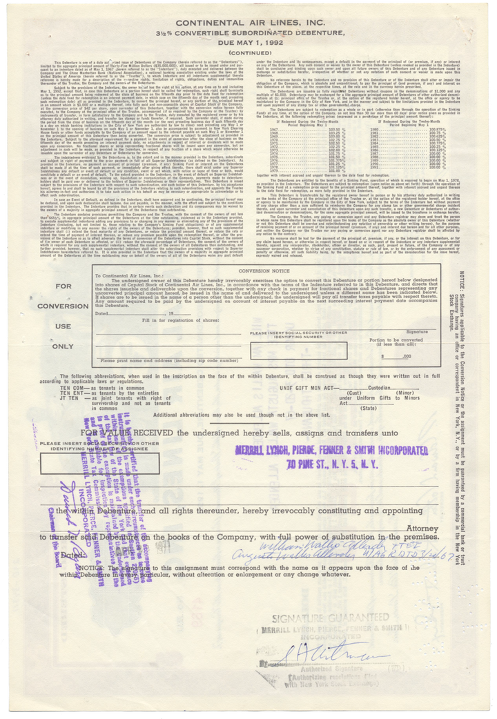 Continental Air Lines, Inc. Bond Certificate