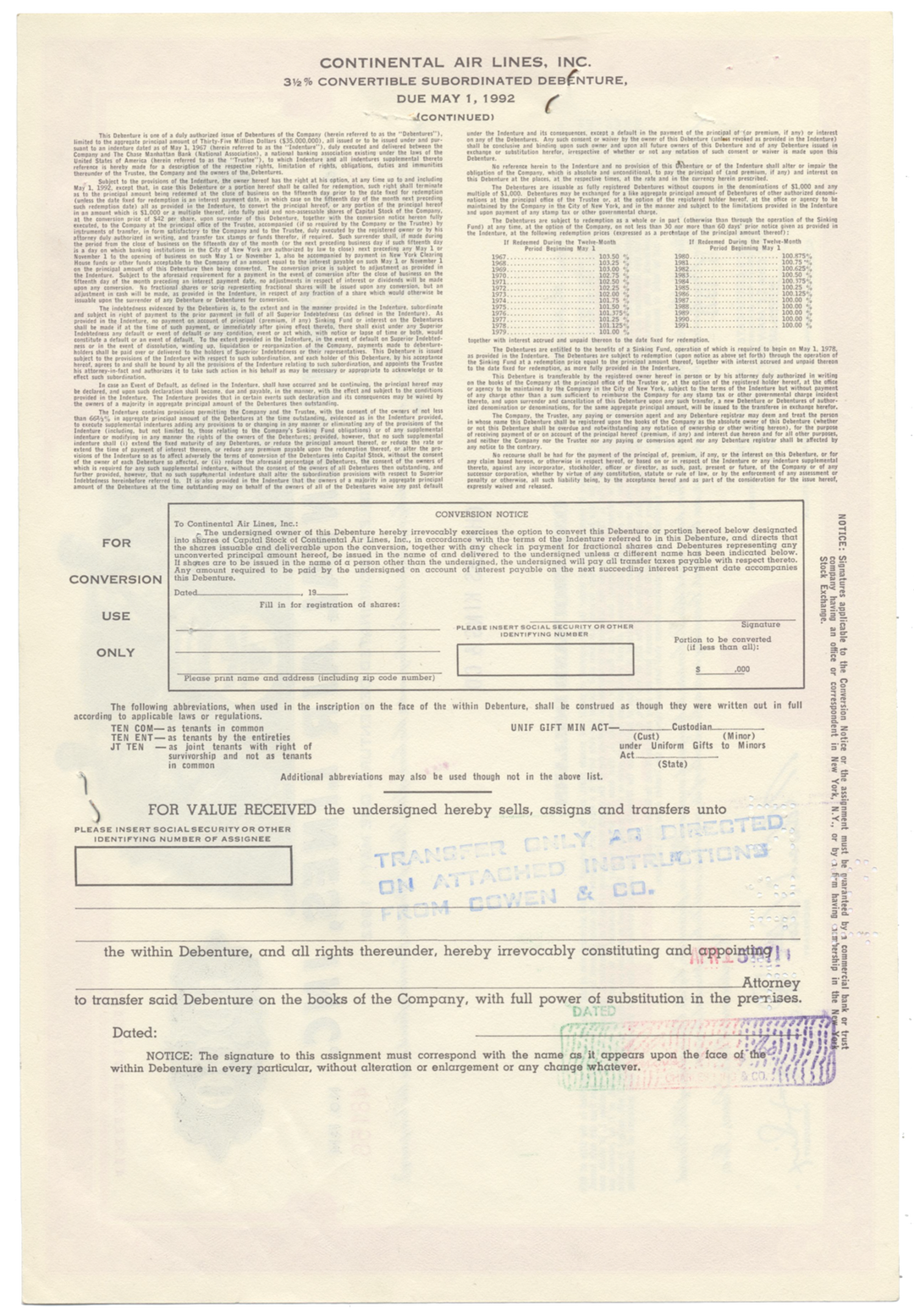 Continental Air Lines, Inc. Bond Certificate