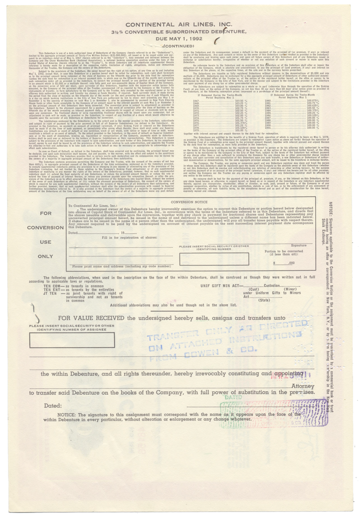 Continental Air Lines, Inc. Bond Certificate