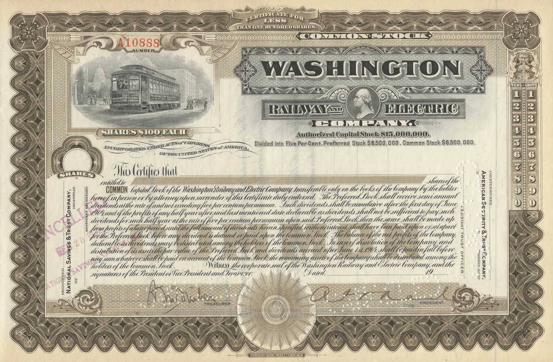 Washington Railway and Electric Company Stock Certificate