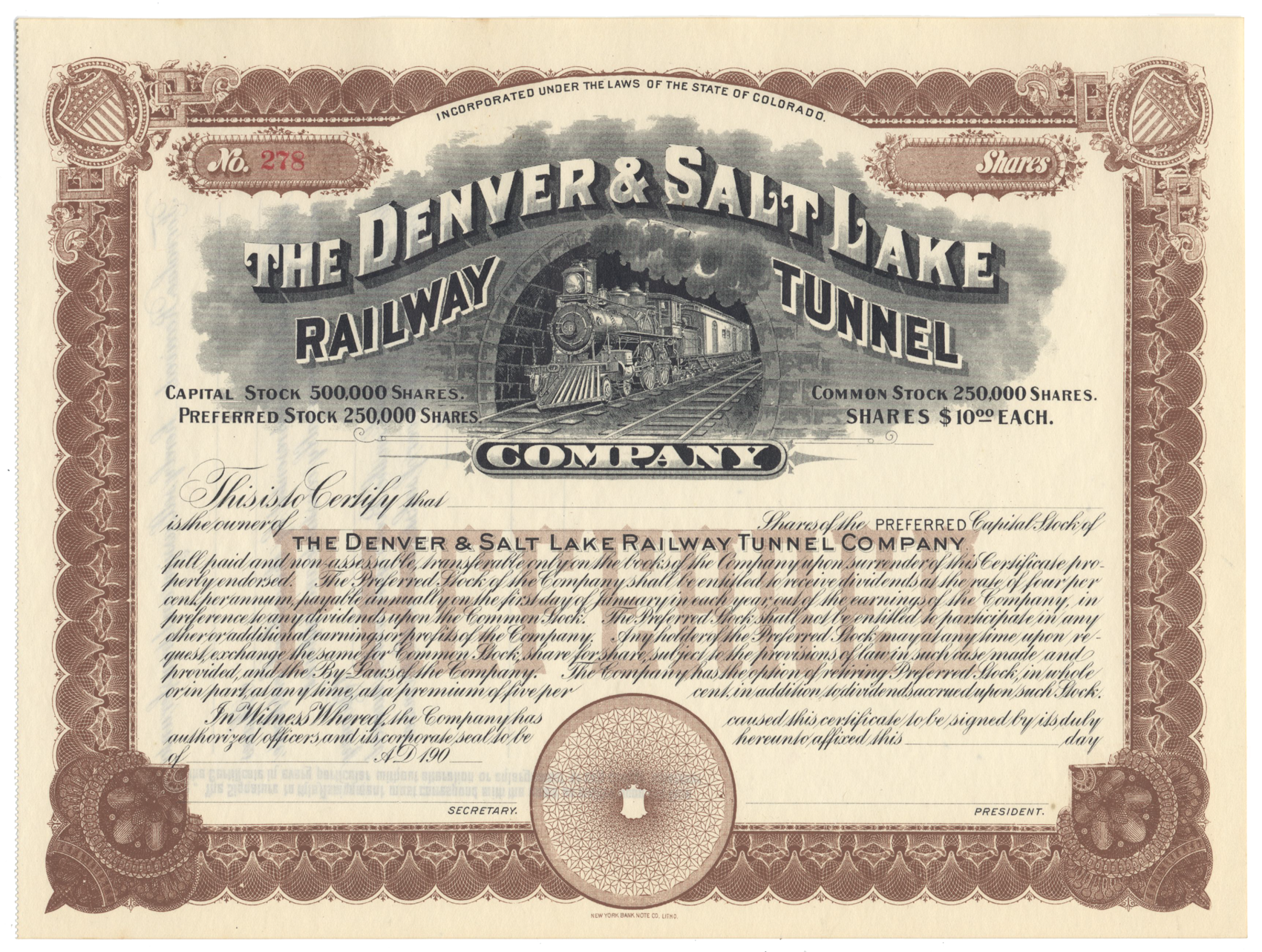 Denver & Salt Lake Railway Tunnel Company Stock Certificate