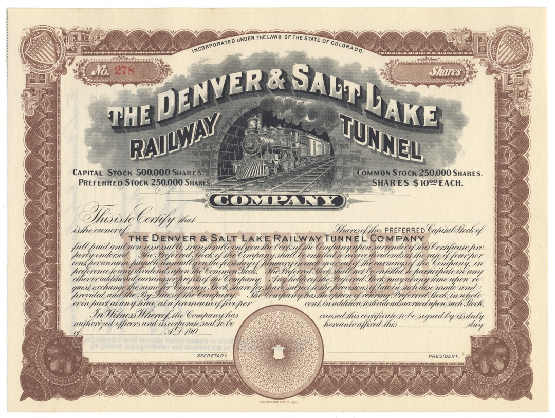 Denver & Salt Lake Railway Tunnel Company Stock Certificate