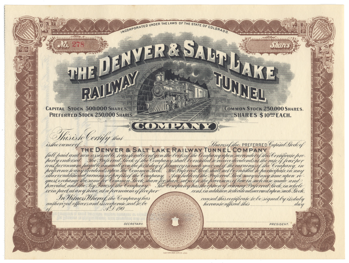 Denver & Salt Lake Railway Tunnel Company Stock Certificate