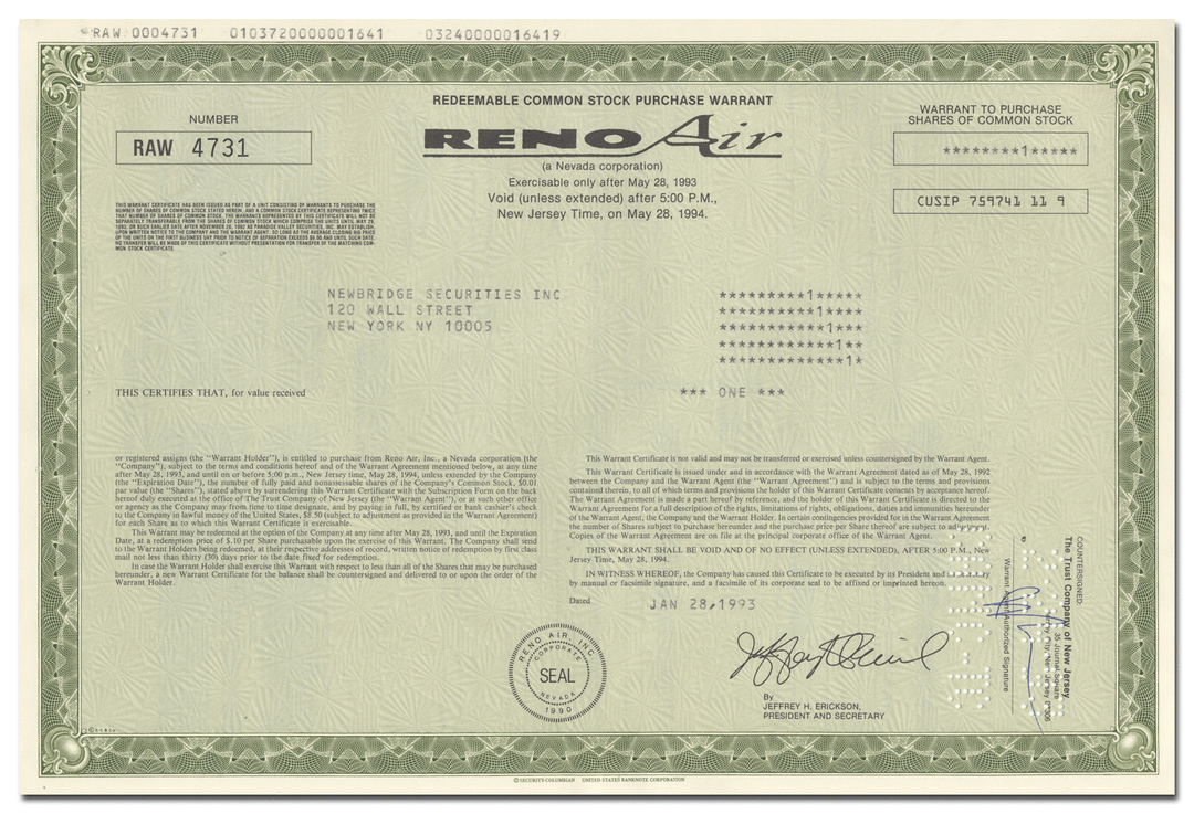 Reno Air Stock Certificate