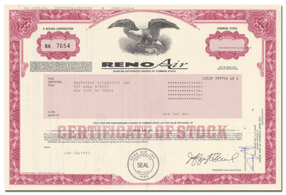 Reno Air Stock Certificate