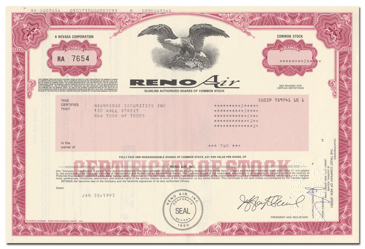 Reno Air Stock Certificate