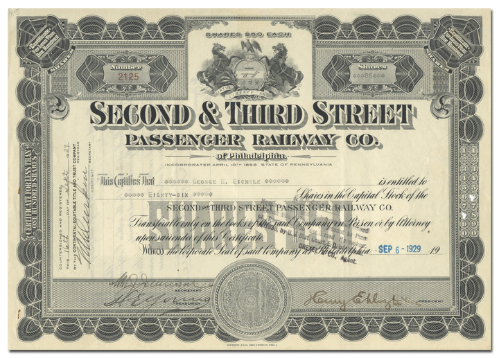 Second & Third Street Passenger Railway Company of Philadelphia Stock Certificate