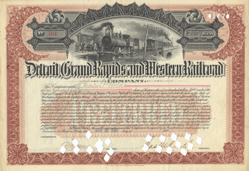 Detroit, Grand Rapids and Western Railroad Company Stock Certificate