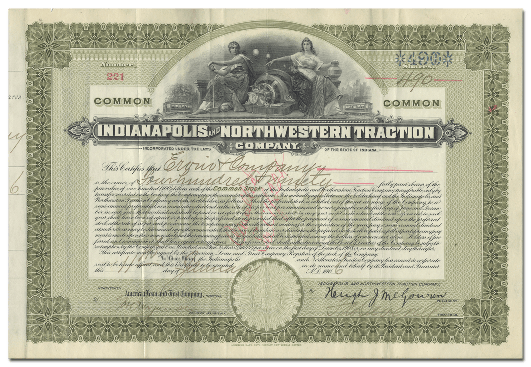 Indianapolis and Northwestern Traction Company Stock Certificate